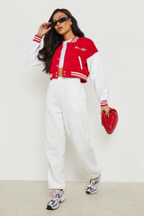 RED CROP CONTRAST SLEEVE VARSITY JACKET
