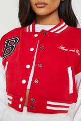 RED CROP CONTRAST SLEEVE VARSITY JACKET