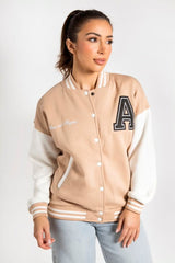 BEIGE LETTER PATCHED CONTRAST SLEEVE VARSITY JACKET