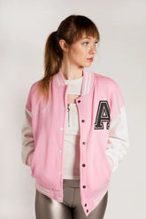 PINK LETTER PATCHED CONTRAST SLEEVE VARSITY JACKET