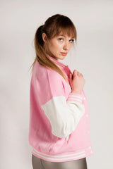 PINK LETTER PATCHED CONTRAST SLEEVE VARSITY JACKET