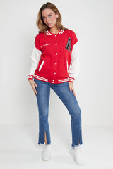 RED LETTER PATCHED CONTRAST SLEEVE VARSITY JACKET