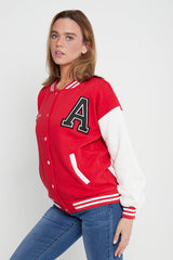 RED LETTER PATCHED CONTRAST SLEEVE VARSITY JACKET