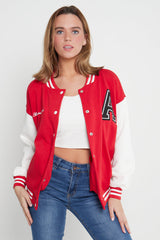 RED LETTER PATCHED CONTRAST SLEEVE VARSITY JACKET