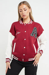 WINE LETTER PATCHED CONTRAST SLEEVE VARSITY JACKET