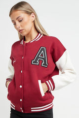 WINE LETTER PATCHED CONTRAST SLEEVE VARSITY JACKET
