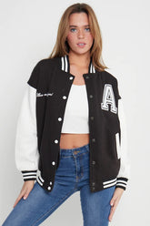 BLACK LETTER PATCHED CONTRAST SLEEVE VARSITY JACKET