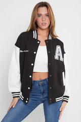 BLACK LETTER PATCHED CONTRAST SLEEVE VARSITY JACKET