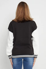 BLACK LETTER PATCHED CONTRAST SLEEVE VARSITY JACKET