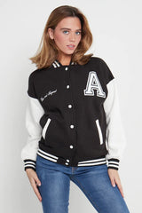 BLACK LETTER PATCHED CONTRAST SLEEVE VARSITY JACKET