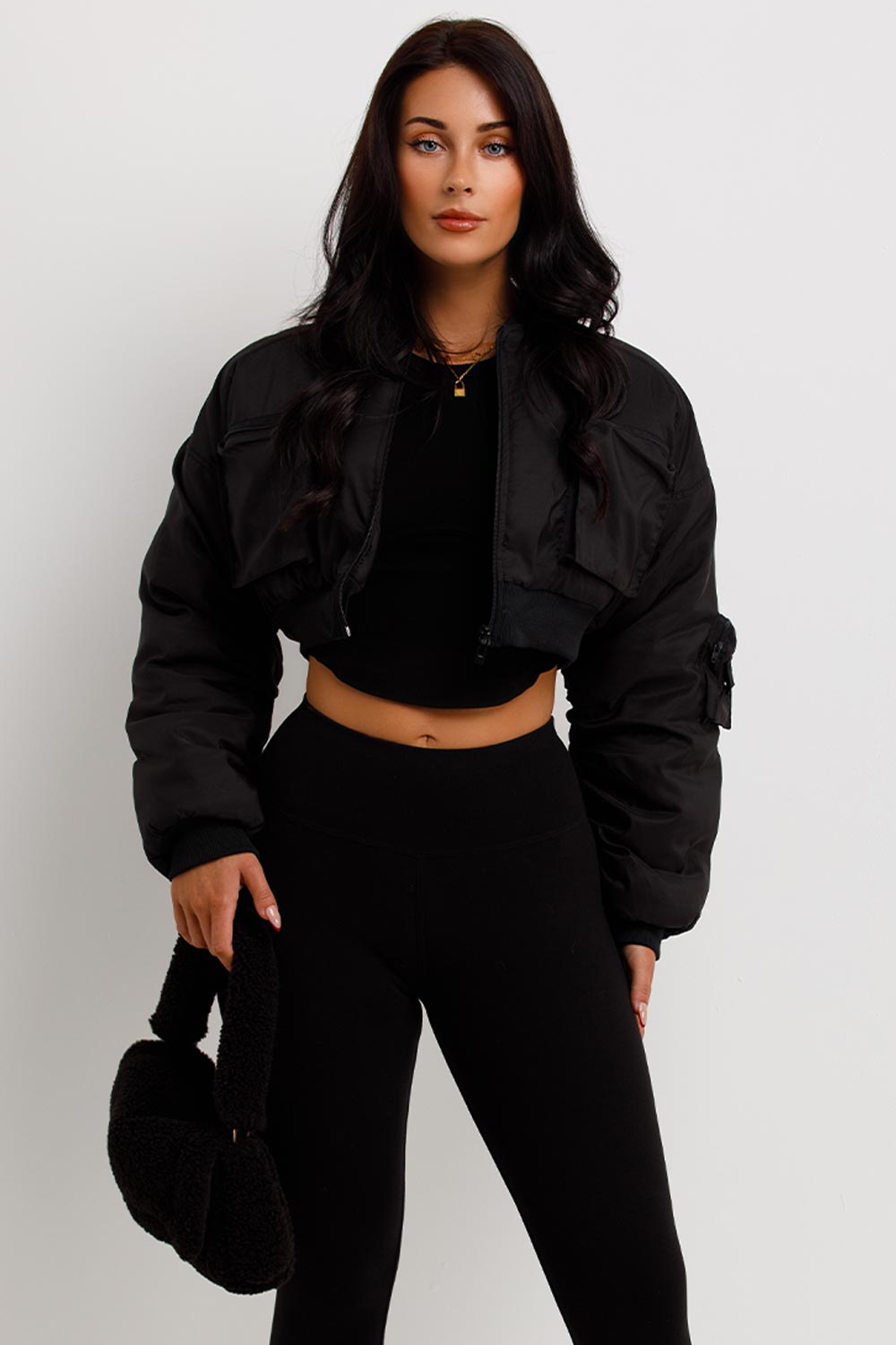 CROP BOMBER JACKET WITH POCKETS