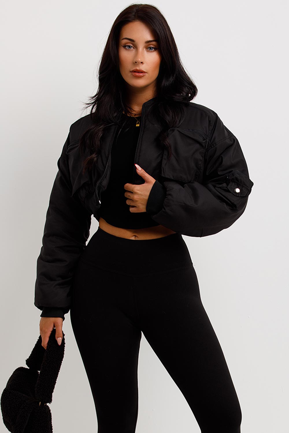 CROP BOMBER JACKET WITH POCKETS