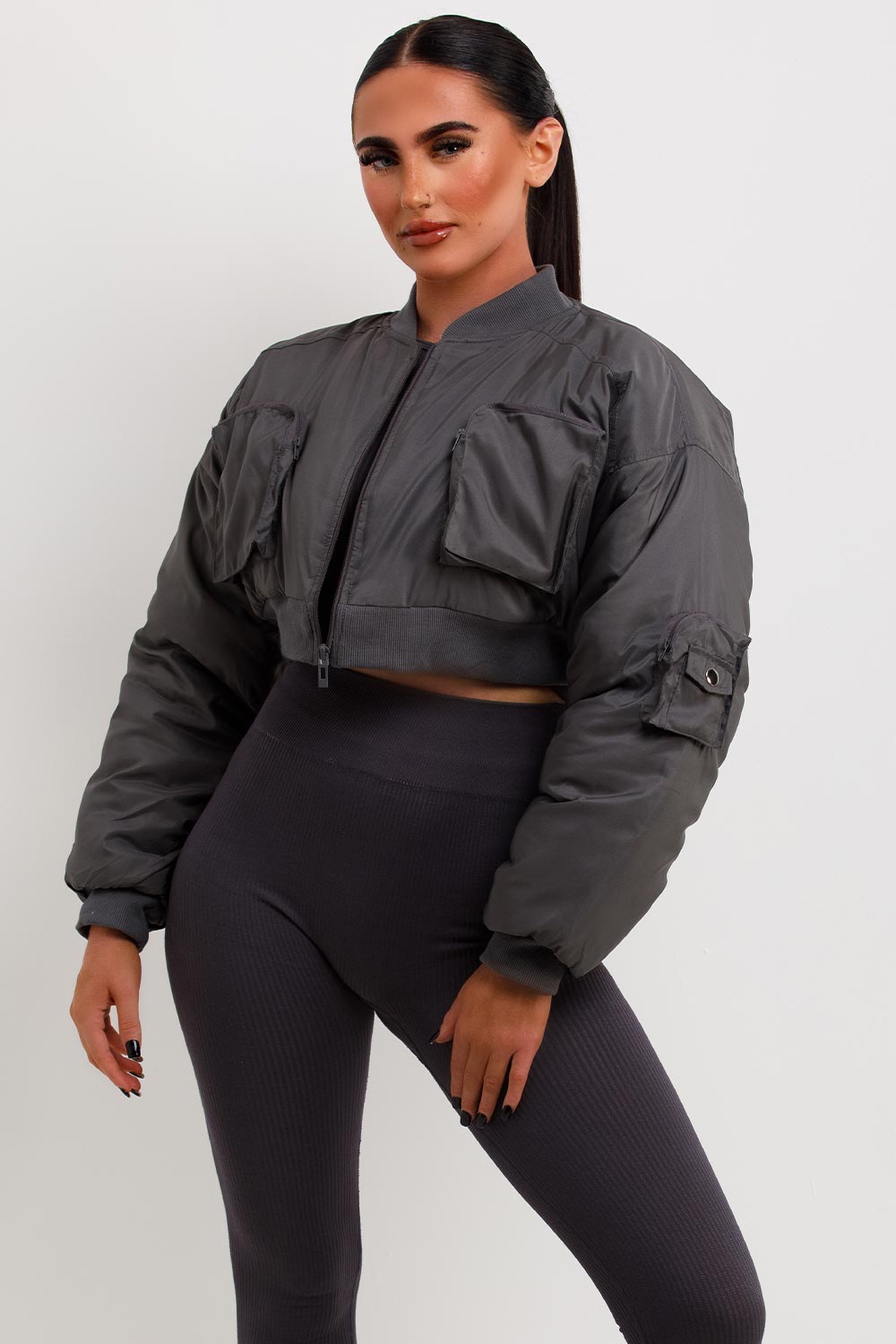 CROP BOMBER JACKET WITH POCKETS