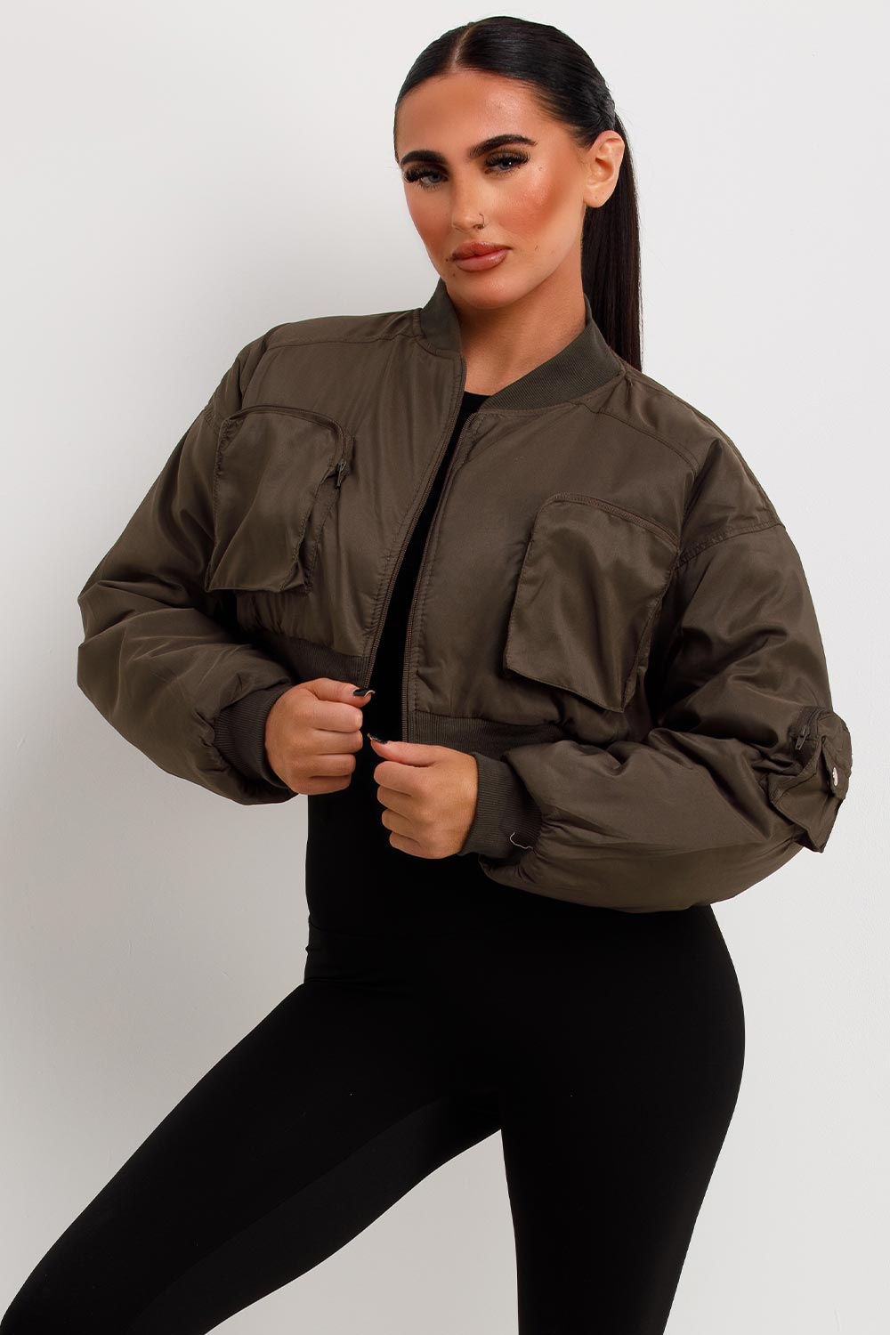 CROP BOMBER JACKET WITH POCKETS