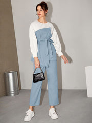 Women's  Two Tone Belted Top & Pants 2 Piece Set