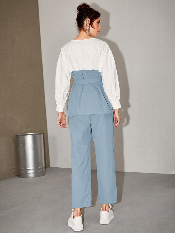 Women's  Two Tone Belted Top & Pants 2 Piece Set