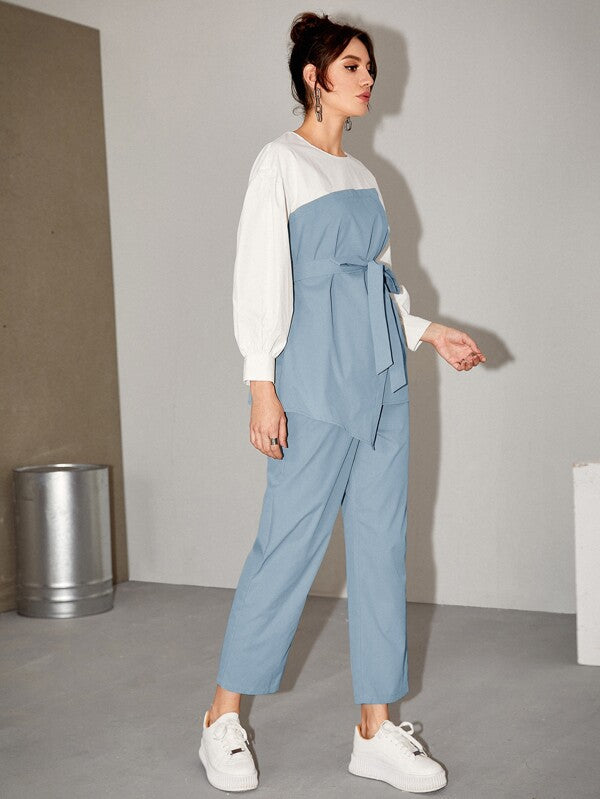 Women's  Two Tone Belted Top & Pants 2 Piece Set