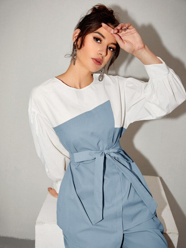 Women's  Two Tone Belted Top & Pants 2 Piece Set
