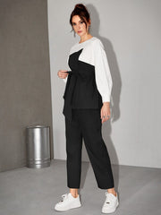 Women's  Two Tone Belted Top & Pants 2 Piece Set