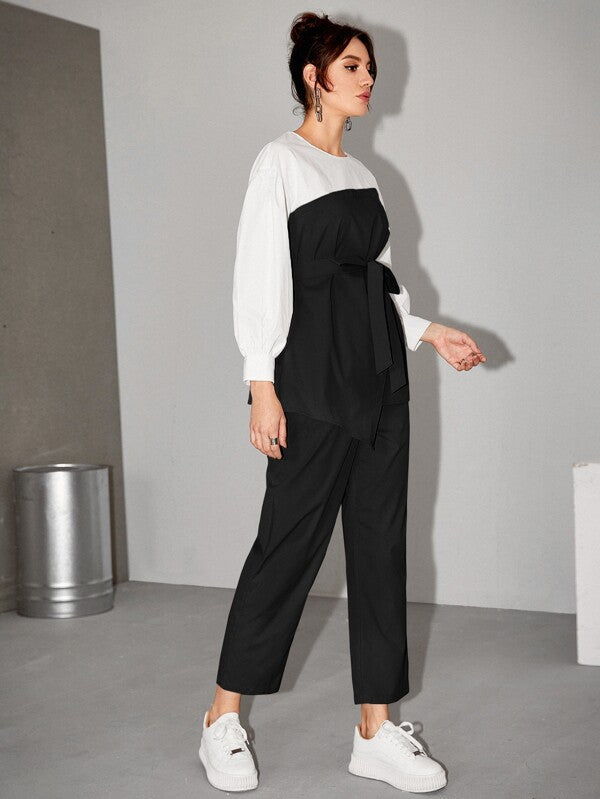 Women's  Two Tone Belted Top & Pants 2 Piece Set