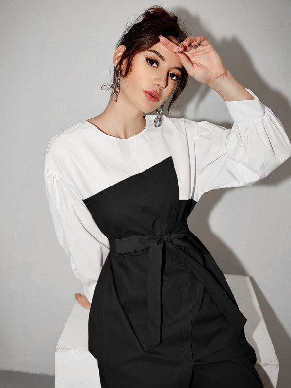 Women's  Two Tone Belted Top & Pants 2 Piece Set