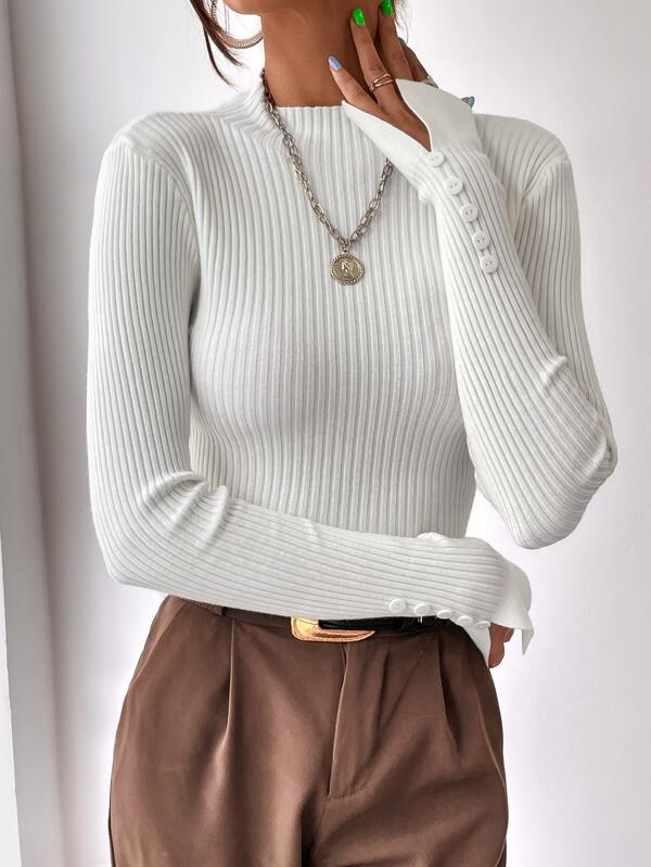 MOCK NECK SPLIT CUFF RIBBED KNIT TOP