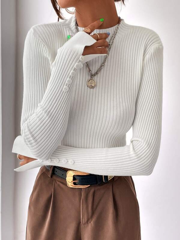 MOCK NECK SPLIT CUFF RIBBED KNIT TOP
