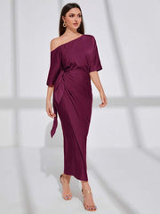 Asymmetrical Neck Batwing Sleeve Wrap Hem Satin Dress Maxi