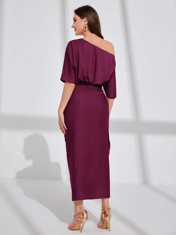 Asymmetrical Neck Batwing Sleeve Wrap Hem Satin Dress Maxi