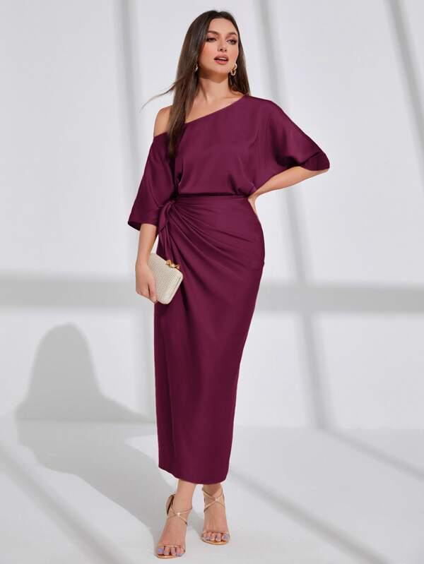 Asymmetrical Neck Batwing Sleeve Wrap Hem Satin Dress Maxi