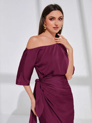 Asymmetrical Neck Batwing Sleeve Wrap Hem Satin Dress Maxi