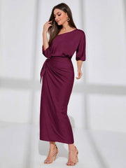 Asymmetrical Neck Batwing Sleeve Wrap Hem Satin Dress Maxi