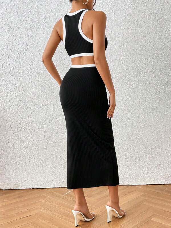 Contrast Binding Cut Out Split Thigh ,Backless Dress