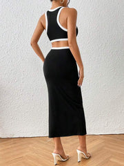 Contrast Binding Cut Out Split Thigh ,Backless Dress