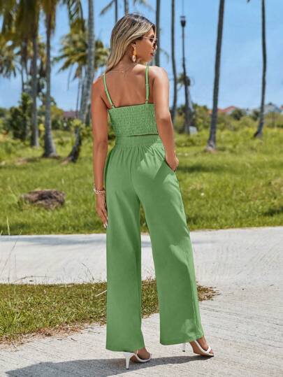 Women  Solid Cami Top & Wide Leg Pants Two Piece