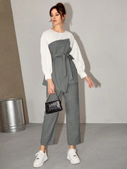 Women's  Two Tone Belted Top & Pants 2 Piece Set