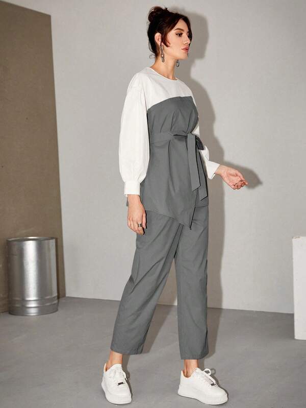 Women's  Two Tone Belted Top & Pants 2 Piece Set