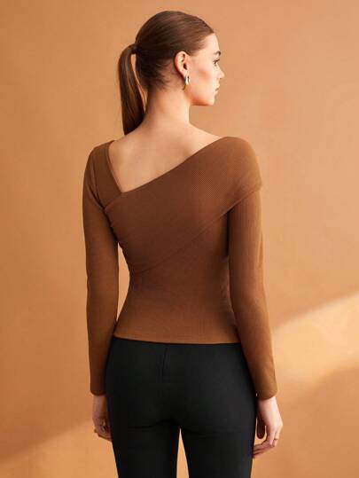 Women Solid Brown Elastic Foldable Slim Asymmetric Collar T-Shirt