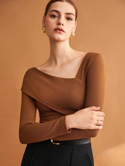 Women Solid Brown Elastic Foldable Slim Asymmetric Collar T-Shirt
