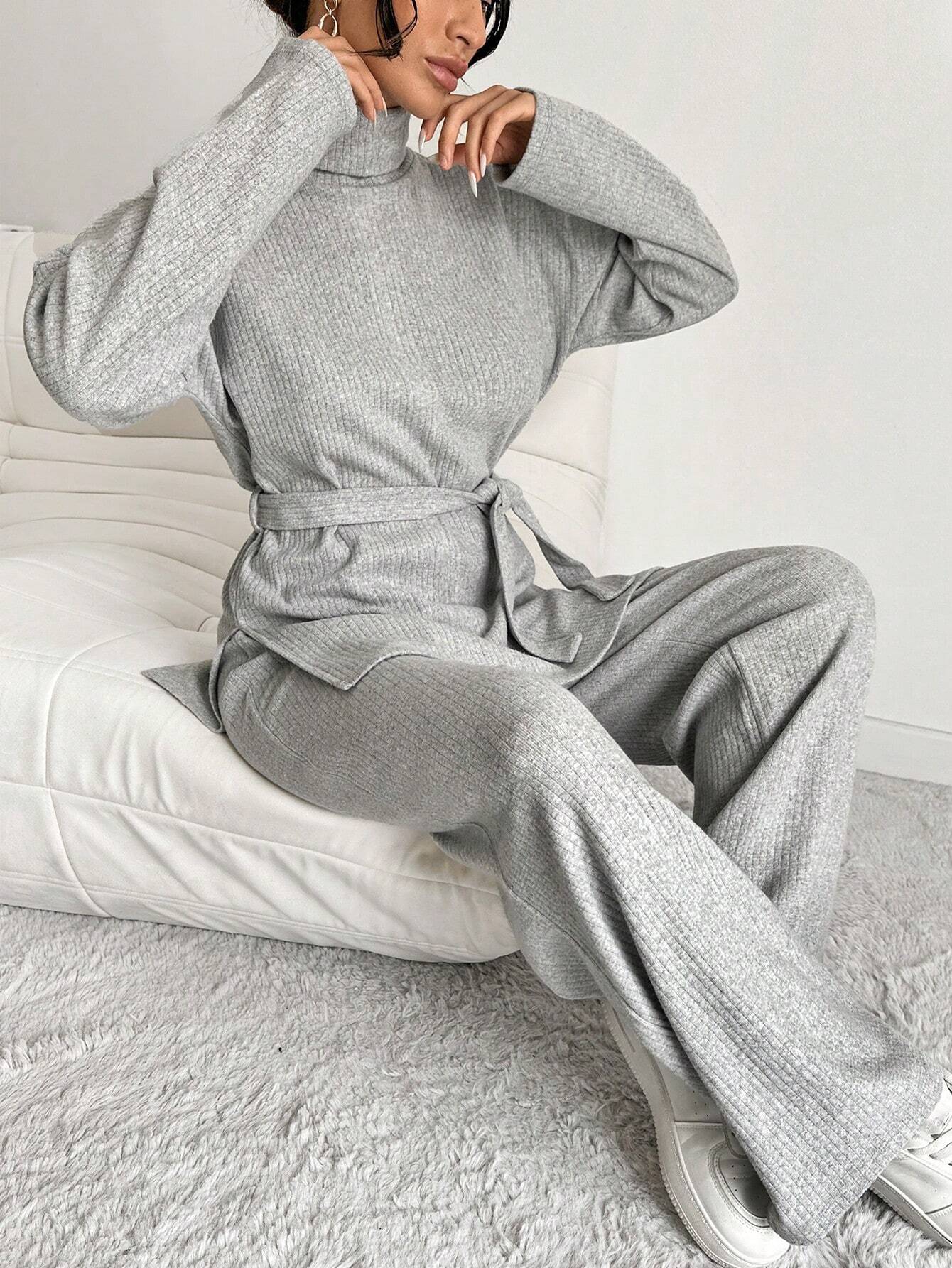 COTTNLINE SOLID COLOR HIGH NECK LEISURE KNITTED SWEATER 2PCS/SET