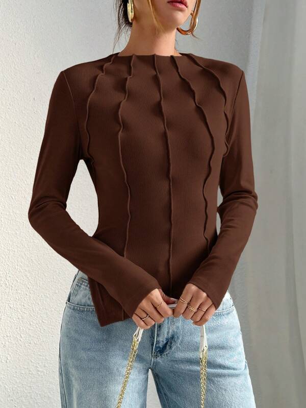 Women's Mock Neck Seam Detail Split Hem Tee