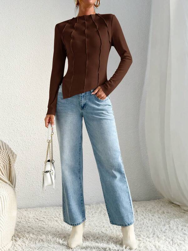 Women's Mock Neck Seam Detail Split Hem Tee