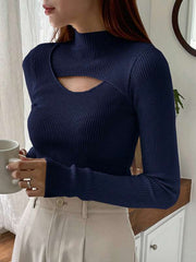 CUT OUT MOCK NECK RIBBED KNIT TEE