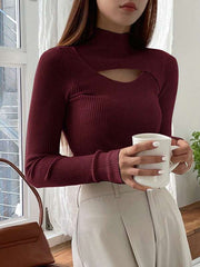 CUT OUT MOCK NECK RIBBED KNIT TEE