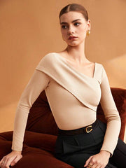 Women Solid Brown Elastic Foldable Slim Asymmetric Collar T-Shirt