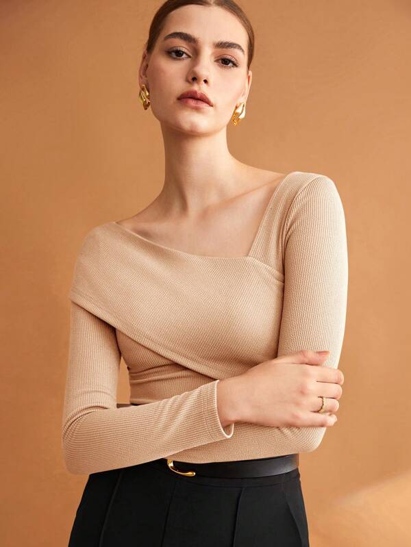 Women Solid Brown Elastic Foldable Slim Asymmetric Collar T-Shirt