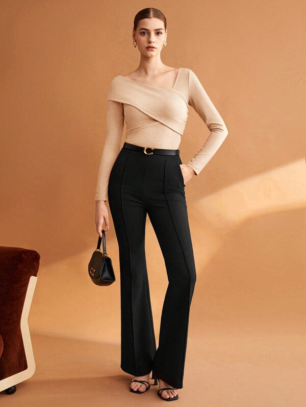 Women Solid Brown Elastic Foldable Slim Asymmetric Collar T-Shirt