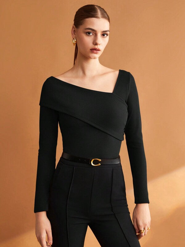 Women Solid Brown Elastic Foldable Slim Asymmetric Collar T-Shirt