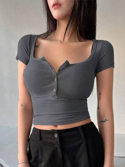 Women Square Neck Button Up Slim Fit Half Placket Summer T-Shirt