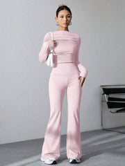 WOMEN'S PLEATED SLIM FIT TOP AND FLARED PANTS